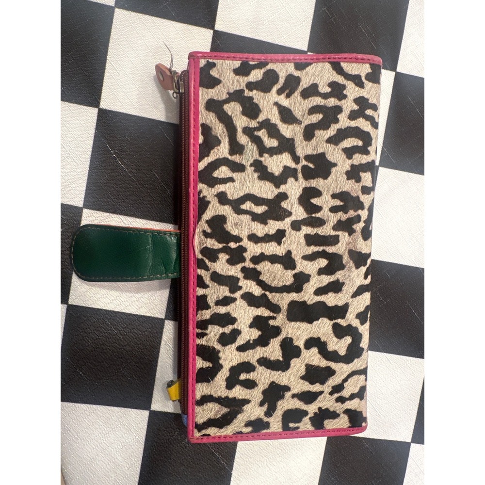Leopard Print Calf Hair Rainbow Leather Trifold Wallet Multi Color Clutch fairy - Picture 6 of 6
